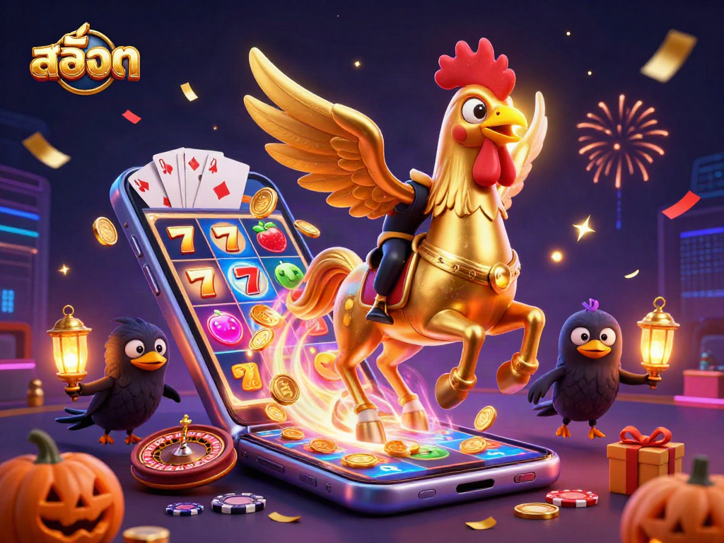 Play สล็อต slots with a golden rooster and its glowing head in a vibrant casino setting.