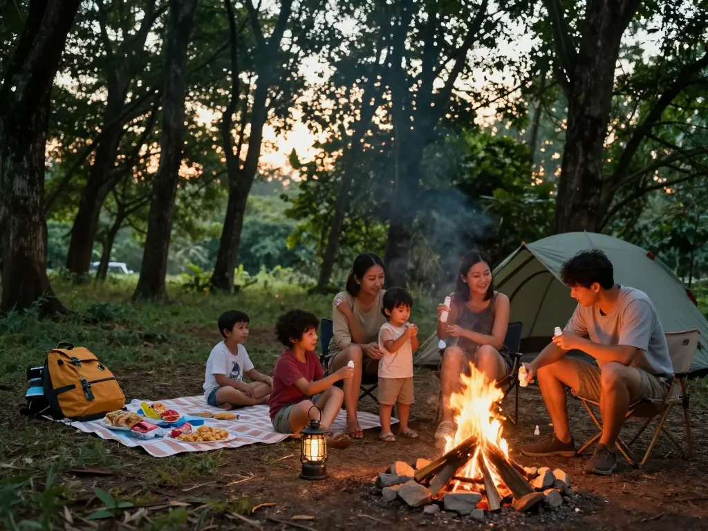 Family applying mosquito repellent while camping in a forest scene.
