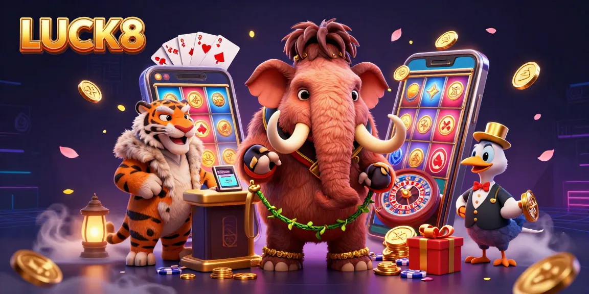Experience LUCK8 with a vibrant casino scene featuring a woolly mammoth bouncer and exciting gaming elements.