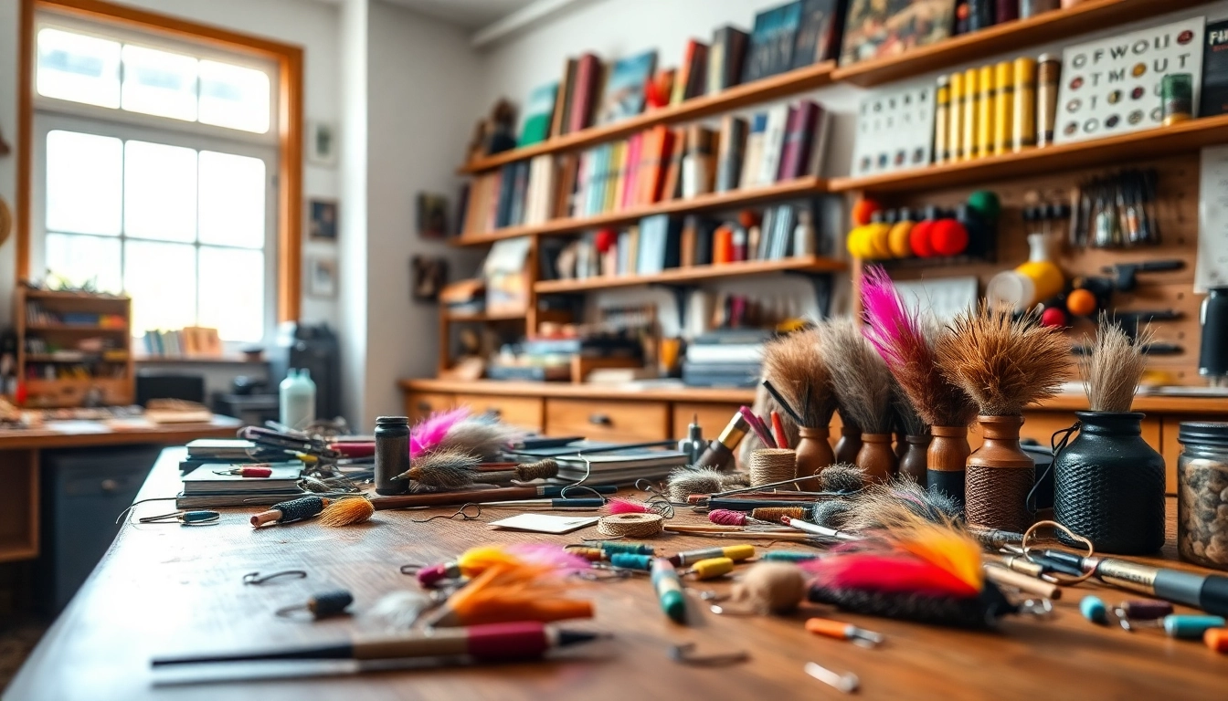 Engaged fly tying in a colorful workspace showcasing vibrant materials and crafting tools.
