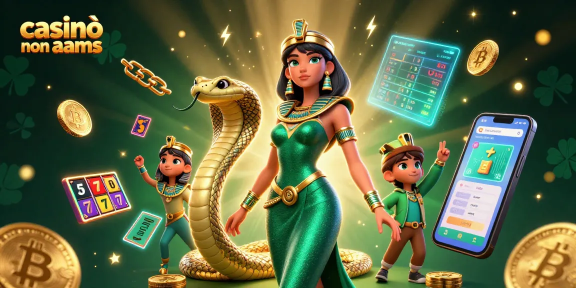 Interagisci con il vivace mondo dei casinò non AAMS che presenta una donna straordinaria e un cobra dorato tra dinamici elementi di gioco.