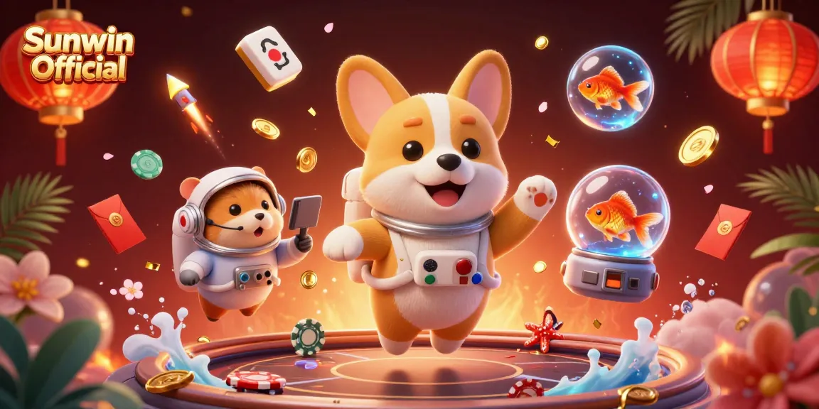 Experience the excitement of Sunwin Official in a vibrant casino scene with floating characters and game elements.
