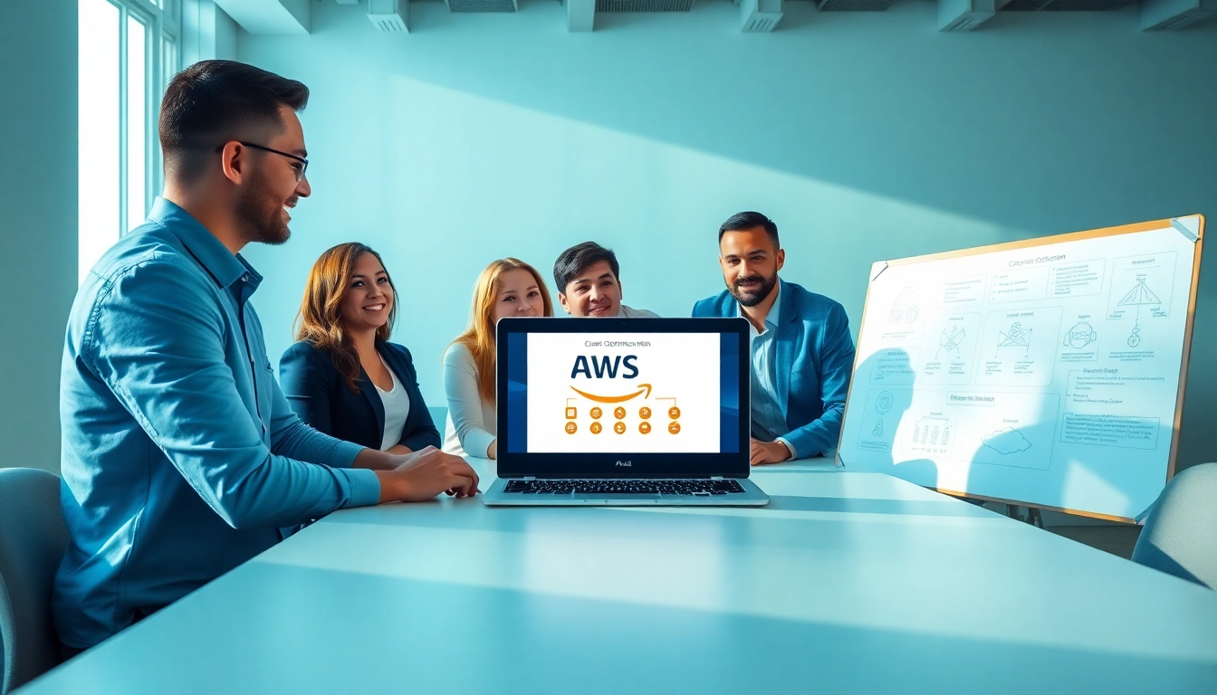 Collaborative team discussing AWS exam help in modern office with certification materials.