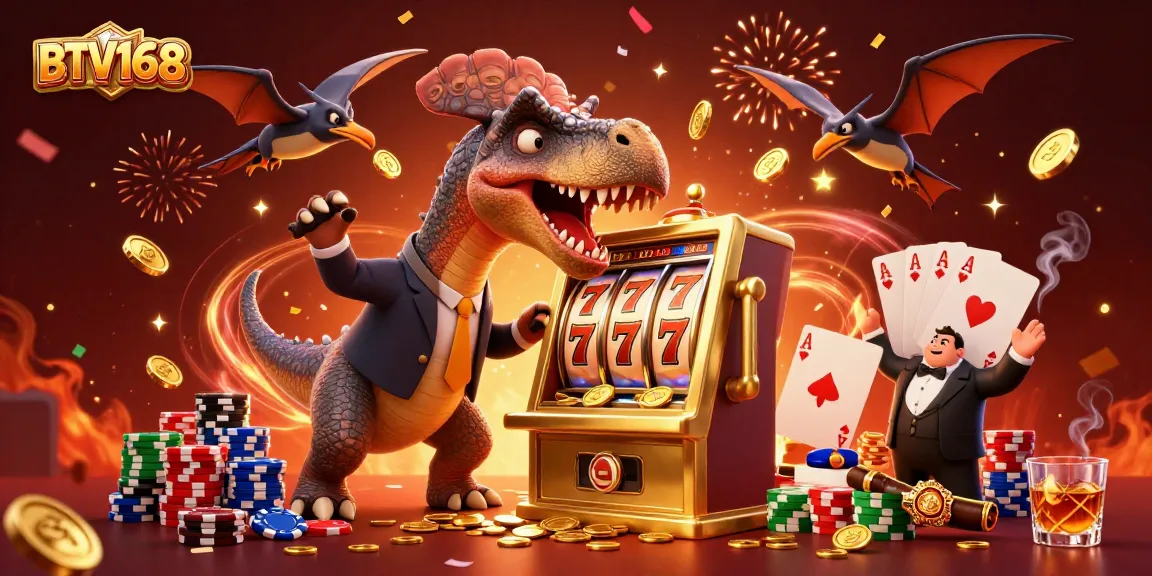 BTV168 showcases a lively scene with animated dinosaurs and casino elements celebrating jackpot wins and excitement.