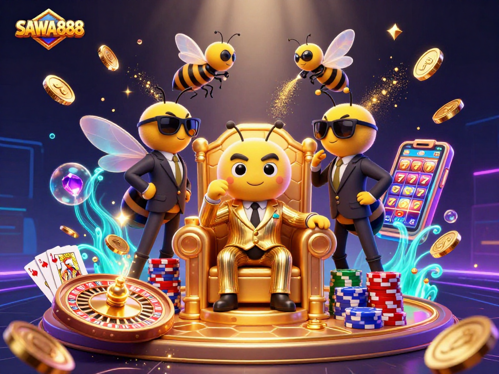 Experience the excitement of SAWA888 with vibrant casino elements and characters in a dynamic illustration.