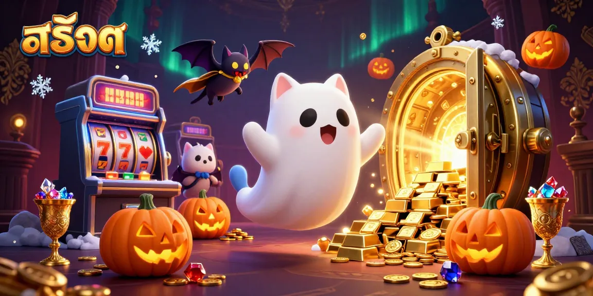 Play ൾ.slot สล็อต with a ghost cat and a vampire bat in a vibrant casino scene filled with treasures