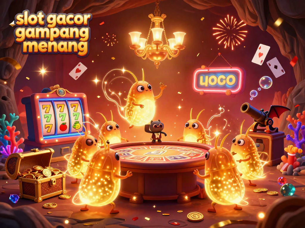 Engage with slot gacor gampang menang in this vibrant, animated casino scene featuring glowing characters and rich game elements.