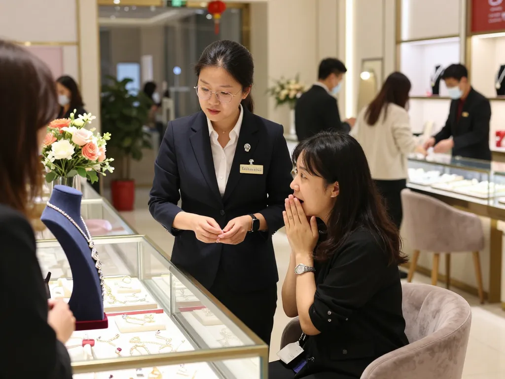 Customer checking elegant jewelry in a vibrant store.