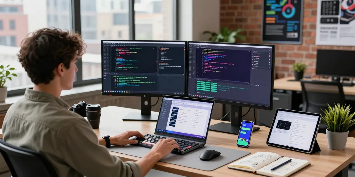 Developer at modern workspace showcasing 纸飞机中文版 app design and coding in a vibrant office setting.