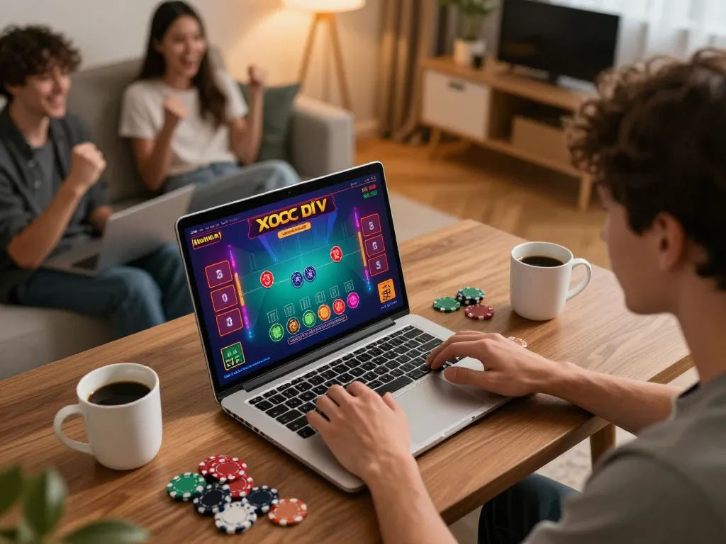 Xóc đĩa online gameplay in a cozy home setting with excited players strategizing.