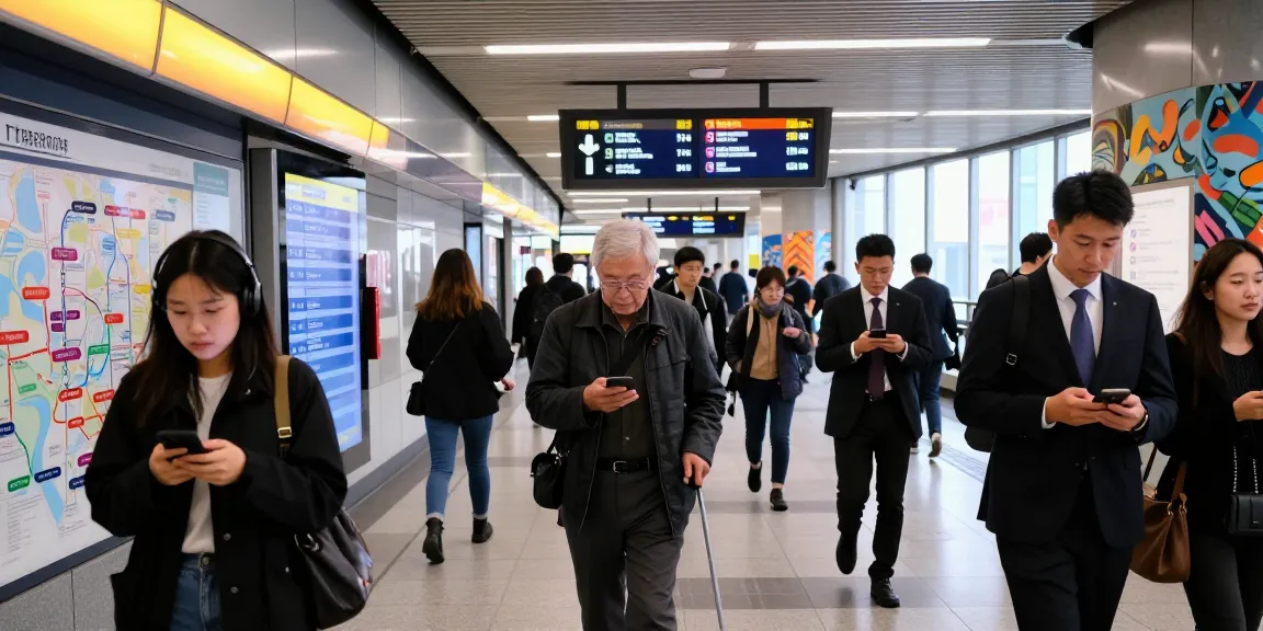 Live urban subway station showcasing real-time line schedule displays and dynamic commuter activity.