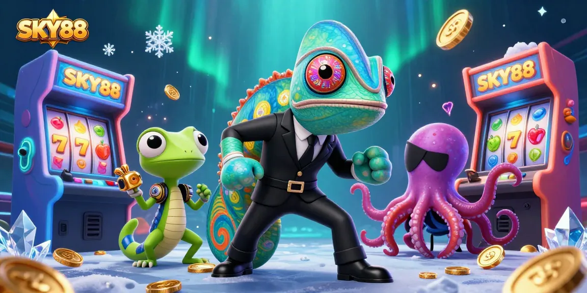 SKY88 presents a vibrant casino scene with chameleon, gecko, and octopus amid dynamic slot reels.