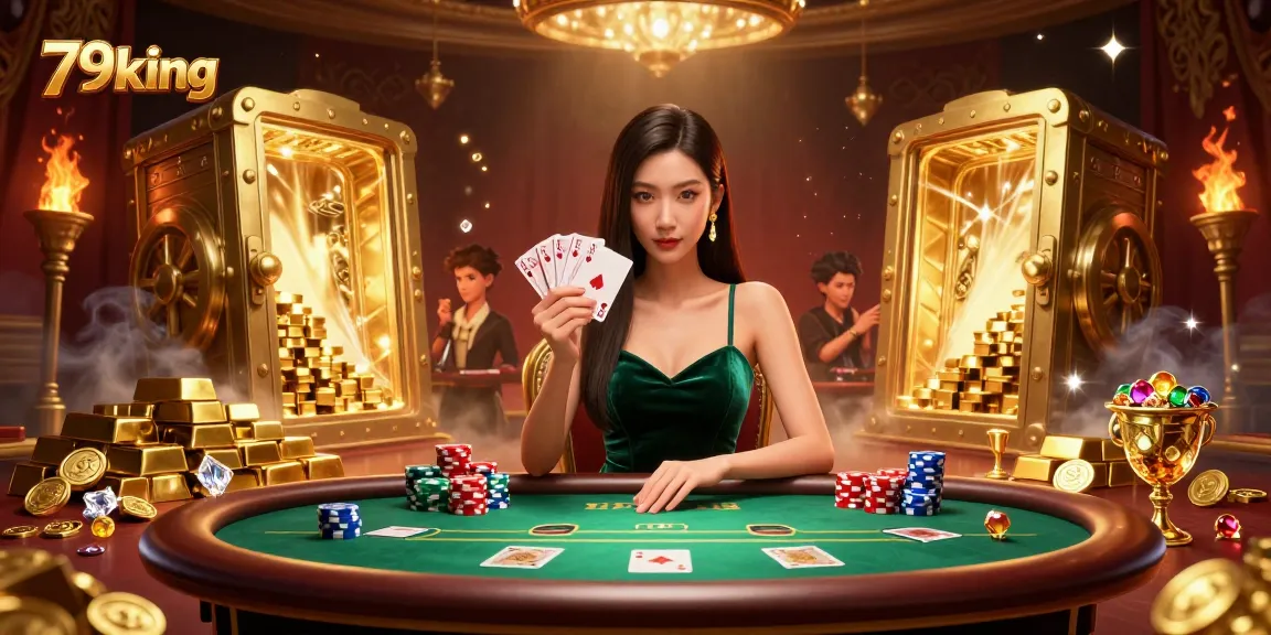 79king players strategize with cards at a luxury poker table amidst treasure and gems.