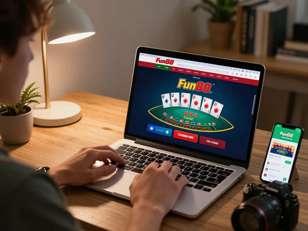 Engaging gameplay on Fun88 com with live blackjack on a laptop and betting app on smartphone.