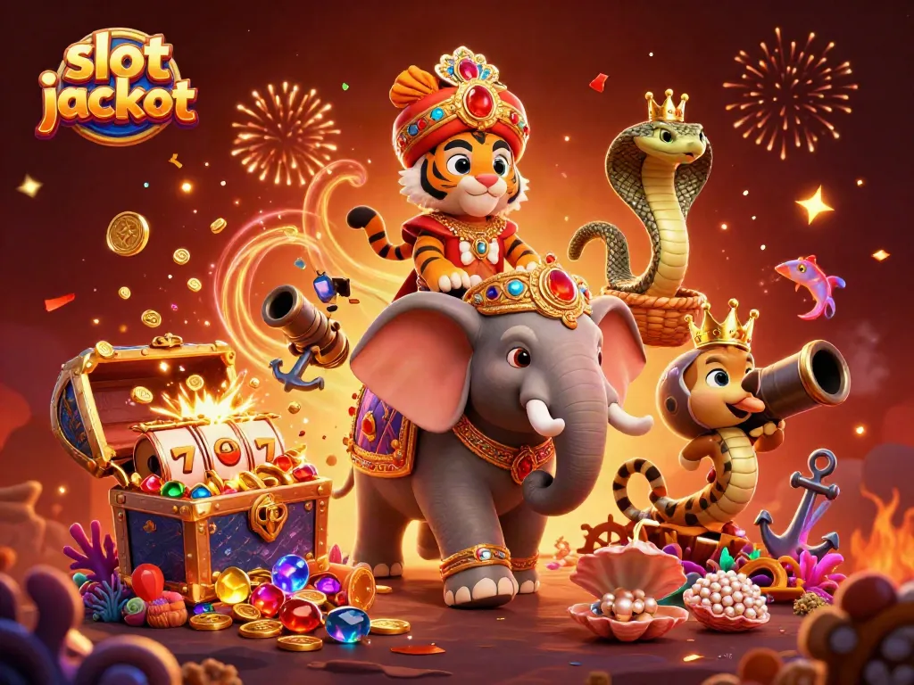 Spin to win exciting slot jackpot prizes in this vibrant casino scene with a tiger and elephant.