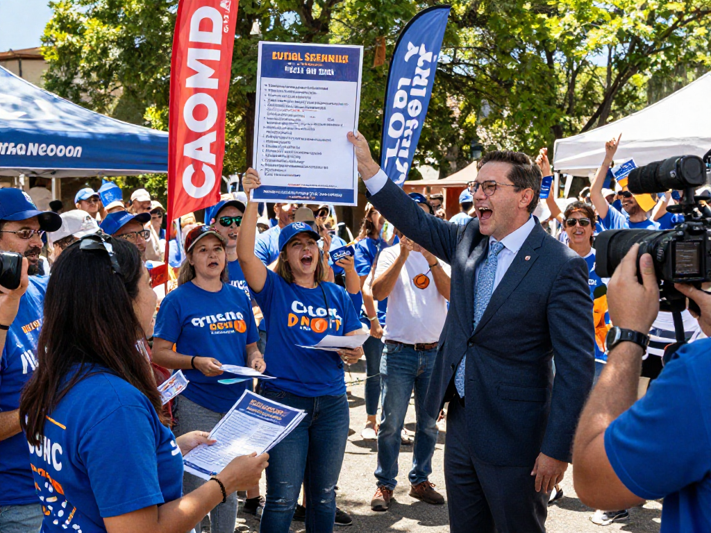 Dynamic outdoor political rally showcasing campaign email fundraising efforts and voter engagement.