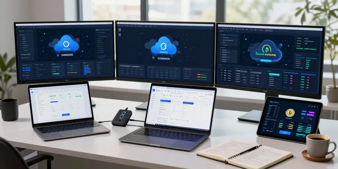 Trusted cloud mining company analytics on professional cryptocurrency trading setup with multiple screens and a high-tech hardware wallet.