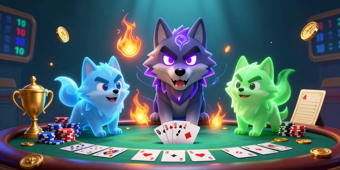 オンラインポーカーを楽しむ3Dイラスト。ポーカーテーブルに座り、チップやカードと共に競い合うキャラクターたちの姿。