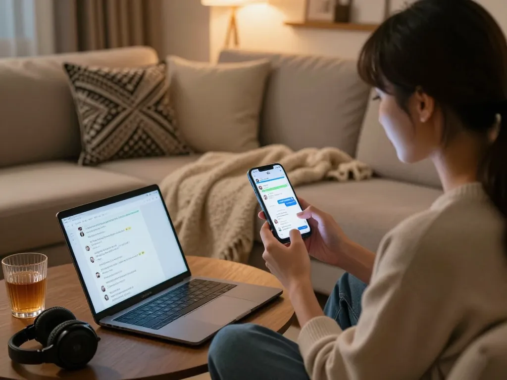 Engaging with NSFW AI on smartphone in cozy living room atmosphere.