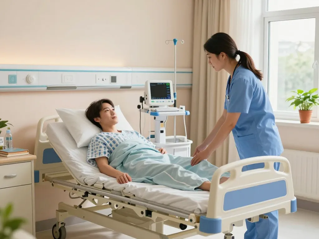 Comfortable giường bệnh nhân set up in a bright hospital room for patient care