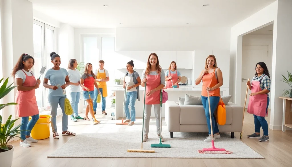 Cleaning Service professionals tidying a bright, modern home environment, showcasing teamwork and professionalism.