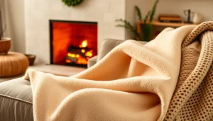 Fleece fabric beautifully displayed over a sofa in a cozy setting met warme verlichting.