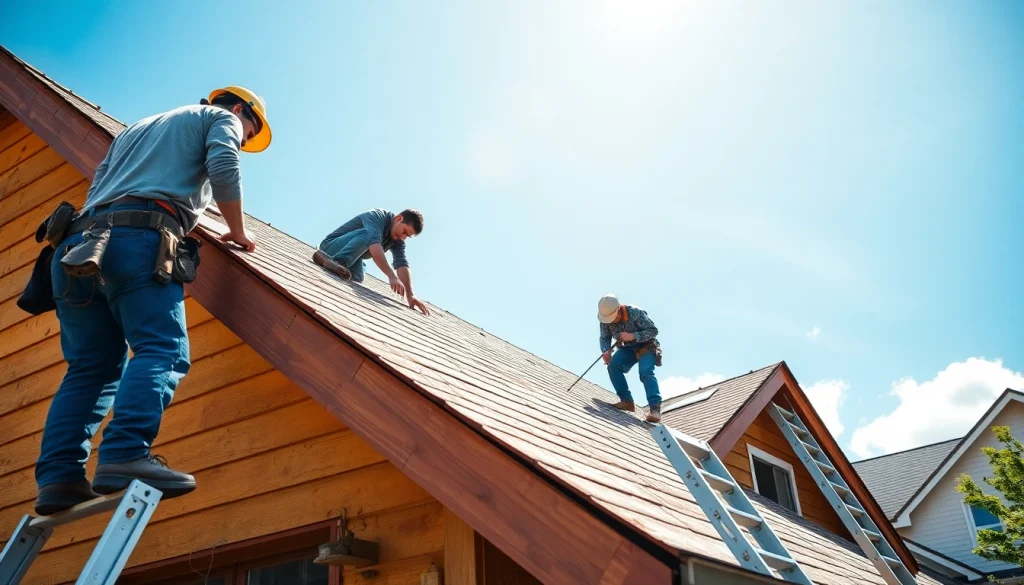 Demonstrating professional roofing services as skilled workers install shingles on a home roof.