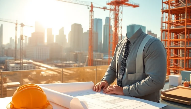 Manhattan Construction Manager directing a bustling construction site with blueprints and safety gear.