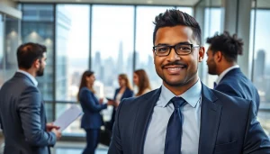 Chance Freeman engaging with colleagues in a modern office, showcasing leadership and collaboration.