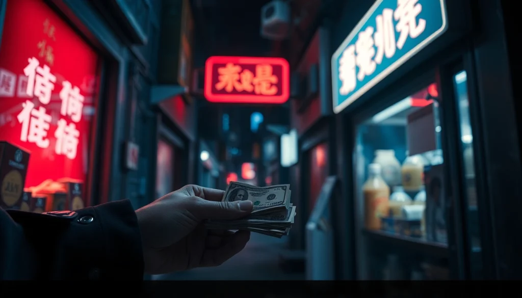 카드깡의 불법 현금 거래를 암시하는 이미지로, 다크한 배경 속 현금 교환 장면을 강조