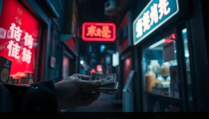 카드깡의 불법 현금 거래를 암시하는 이미지로, 다크한 배경 속 현금 교환 장면을 강조