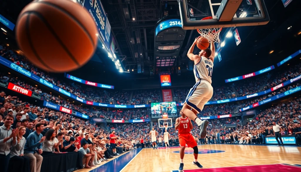 nba중계 중 역동적인 덩크슛을 하는 농구 선수의 모습
