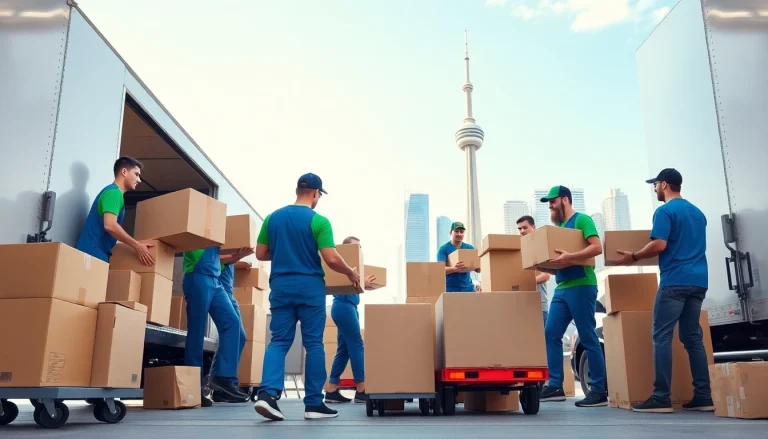 Featuring best Toronto Movers efficiently packing and loading belongings into a truck amidst iconic Toronto scenery.