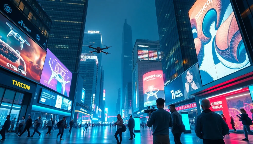 Showcasing technology in a vibrant urban setting with advanced devices and neon lights.