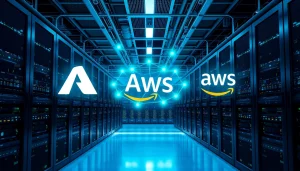 Visual representation of Azure & AWS Integration showcasing server connections in a modern data center
