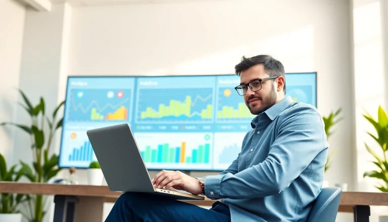 Analyze metrics on an smm reseller panel in a modern office environment with a digital dashboard.