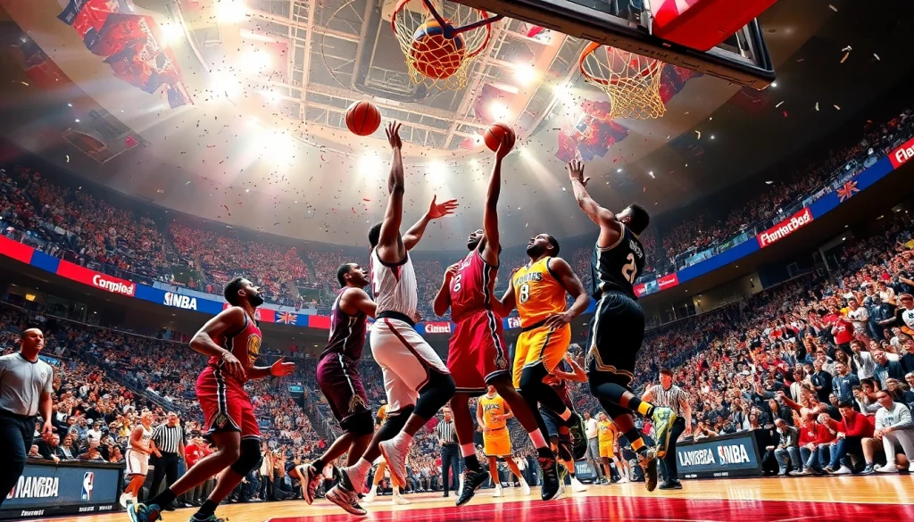 nba중계 경기 중 점프하는 농구 선수들 사진