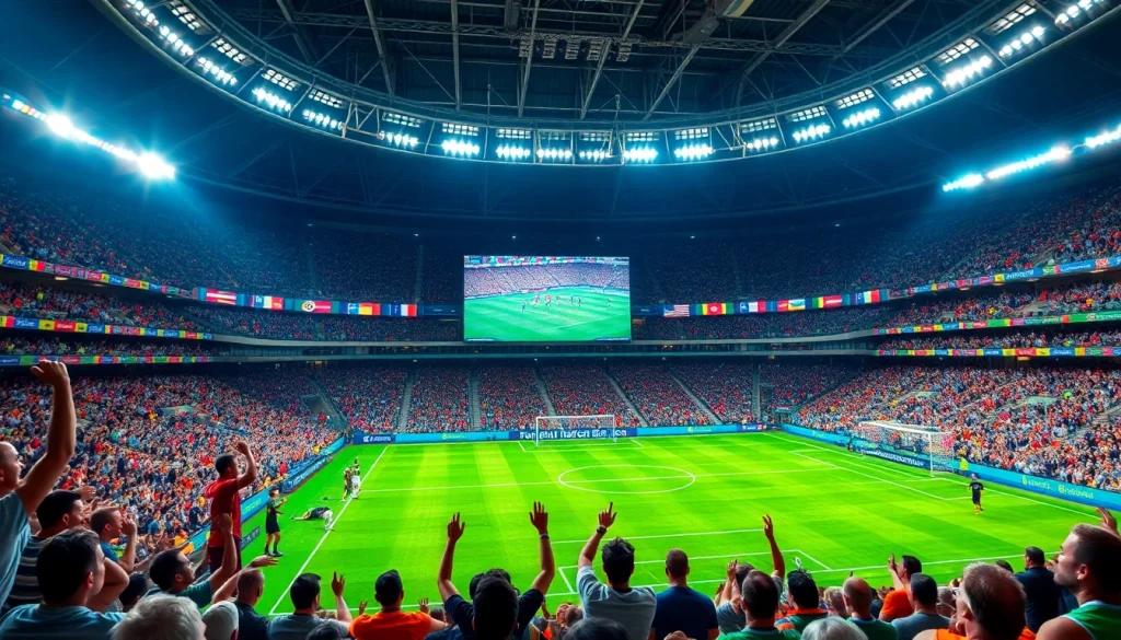 축구중계의 생생한 현장, 열정적인 팬들과 생동감 넘치는 경기를 보여줍니다.