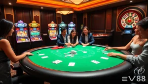 Experience the excitement of EV88 with vibrant casino tables and engaging slot machines.