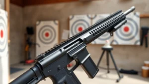 Examine the innovative wot trigger ar15 on a tactical rifle in a shooting range.