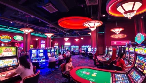 Explore cassino online moderno com luzes vibrantes, mesas de jogos e caça-níqueis emocionantes.