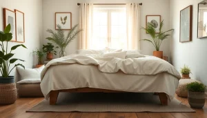 Linnen beddengoed set in een gezellige slaapkamer met zachte, natuurlijke tinten.