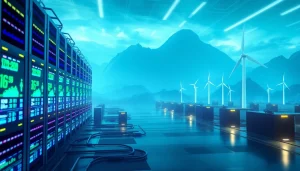 Dogecoin cloud mining earnings displayed in a futuristic tech facility.