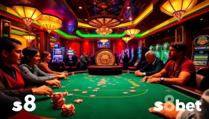 S8 bet on a luxurious poker table with colorful chips and a roulette wheel in a vibrant casino.