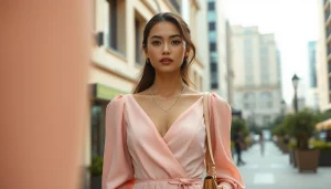 Model showcases a stylish Rivelle dress in an elegant urban setting, highlighting fashion details.