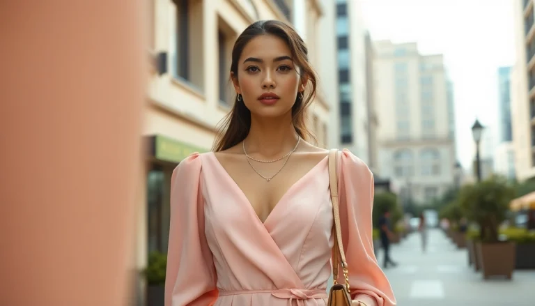 Model showcases a stylish Rivelle dress in an elegant urban setting, highlighting fashion details.