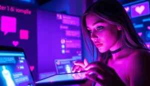 Engaging scene of a user experiencing sex AI chat with digital devices in a vibrant, intimate atmosphere.