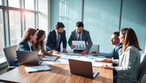 Team evaluating Bid-No-Bid Analysis documents at a conference table with visual aids.
