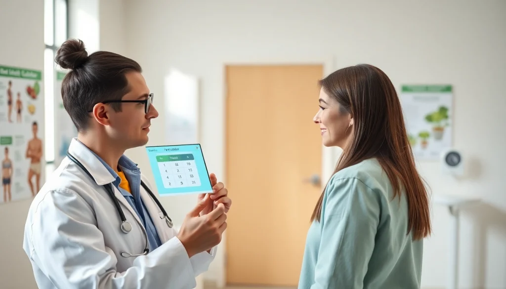 Calculate your ideal weight calculator results with a professional in a modern clinic.