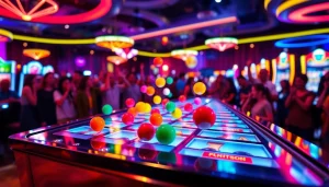 Nikmati permainan slot plinko dengan papan plinko berwarna-warni di tengah suasana kasino yang meriah.